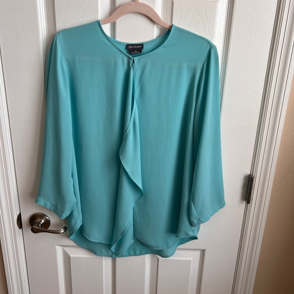 Van Heusen Ladies Blouse Ruffle Front‎ Long Sleeve Top Aqua Blue Size M